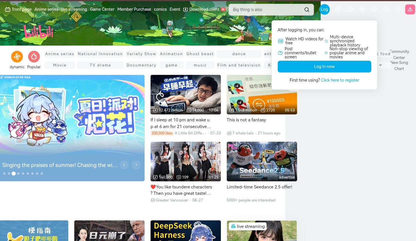 Bilibili app desktop view interface showing web platform design